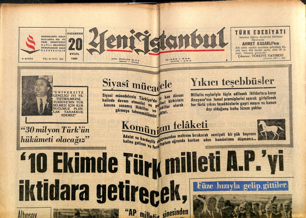 Yeni İstanbul Gazetesi 20 Eylül 1965 - Hindistan'da Açlık Tehlikesi Belirdi - Komünizm Felaketi GZ152735 - 1