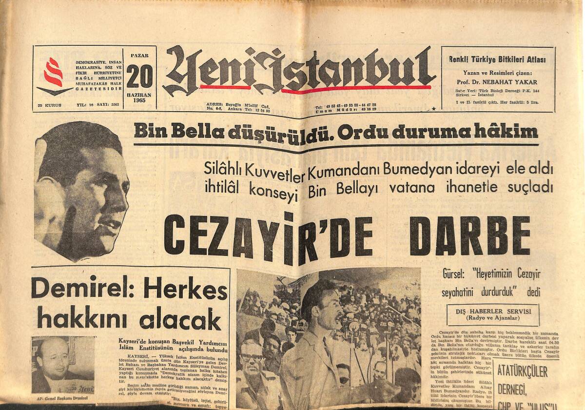Yeni İstanbul Gazetesi 20 Haziran 1965 - Cezayir'de Darbe - Süleyman Demirel: Herkes Hakkını Alacak - Irak'lı Bisikletçi Yakalandı GZ140519 - 1