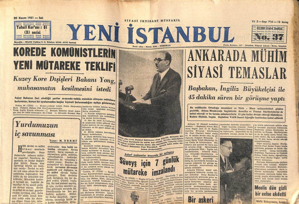 Yeni İstanbul Gazetesi 20 Kasım 1951 - Alman Milli Takımı İle Yarın Karşılaşıyoruz - Milletler Arası Toprak Konferansında Bulunan Delegelerimiz GZ147549 - 1