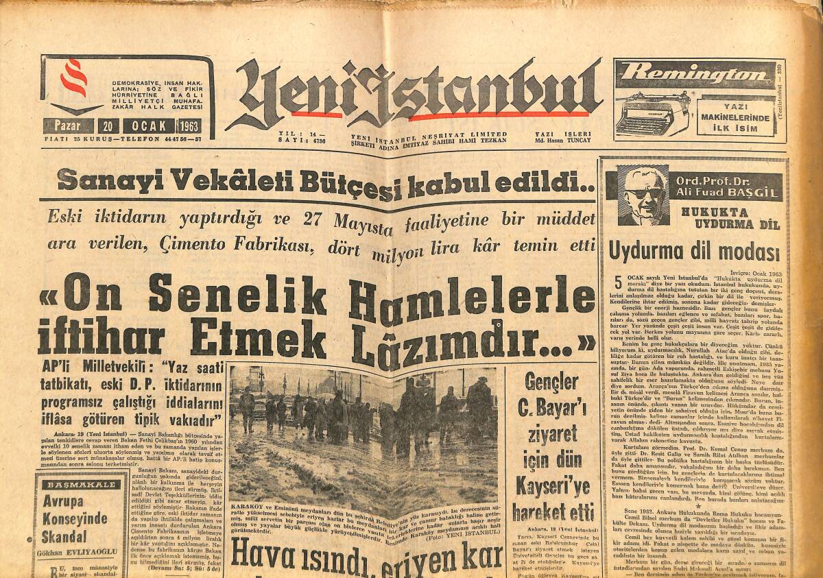 Yeni İstanbul Gazetesi 20 Ocak 1963 - Gençler Bayar'ı Ziyaret İçin Kayseri'ye Hareket Etti - CHP'li Şükrü Koç'un Yeni Bir Partizanlığı GZ140413 - 1
