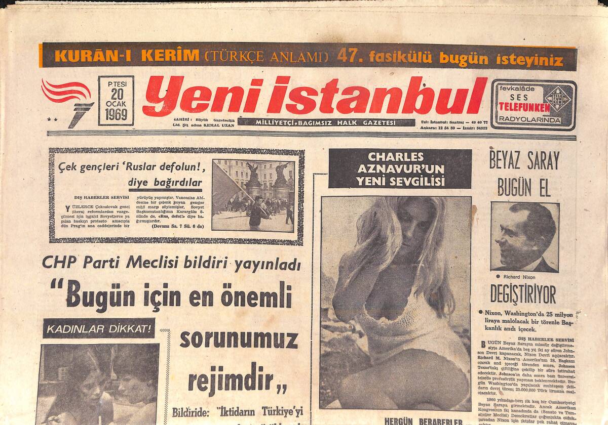 Yeni İstanbul Gazetesi 20 Ocak 1969 - Charles Aznavur'un Yeni Sevgilisi - Beyaz Saray Bugün El Değiştiriyor GZ157071 - 1