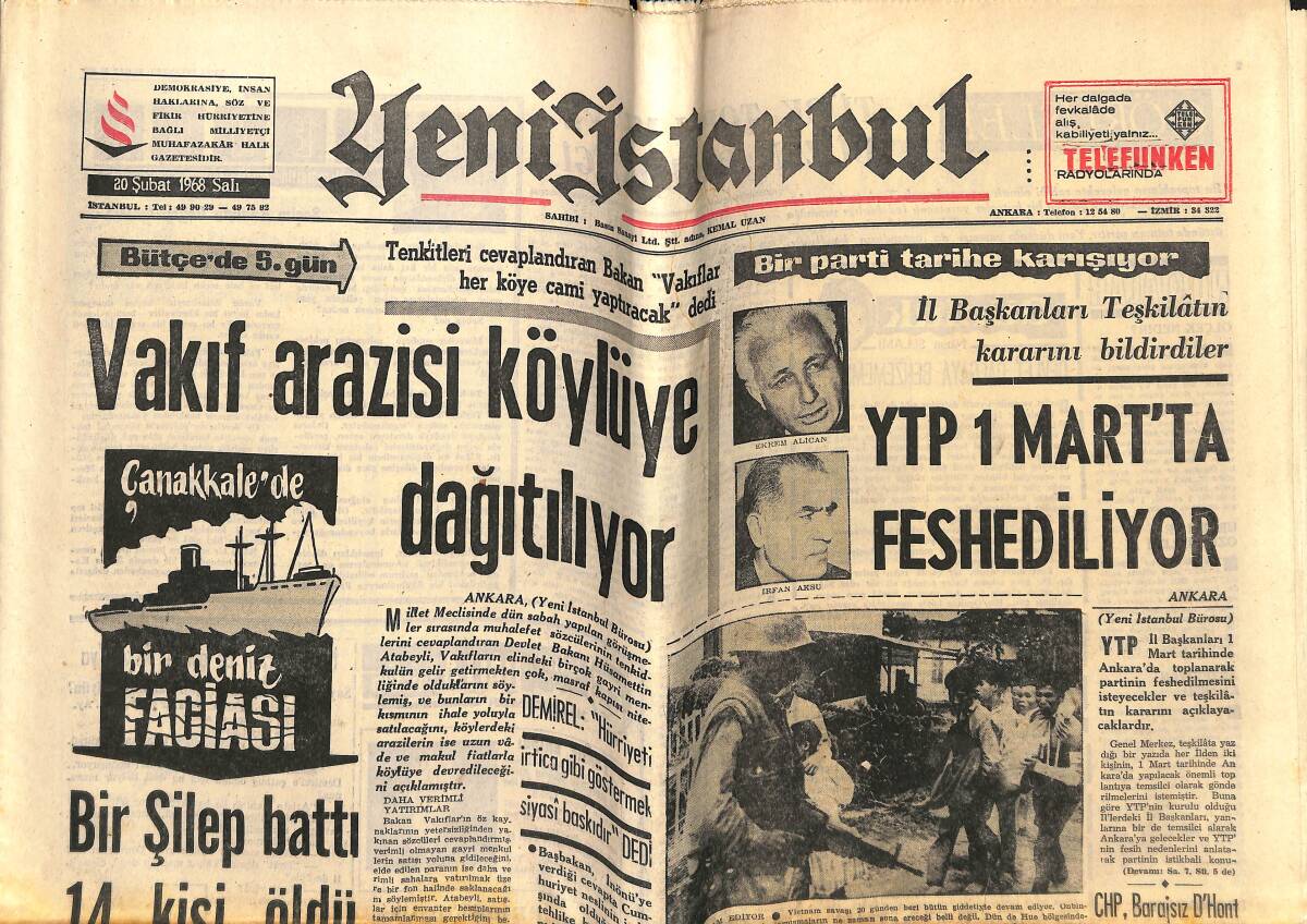 Yeni İstanbul Gazetesi 20 Şubat 1968 - Vakıf Arazisi Köylüye Dağıtılıyor - Blaiberg Kalbini Elleri İle Tuttu GZ148734 - 1