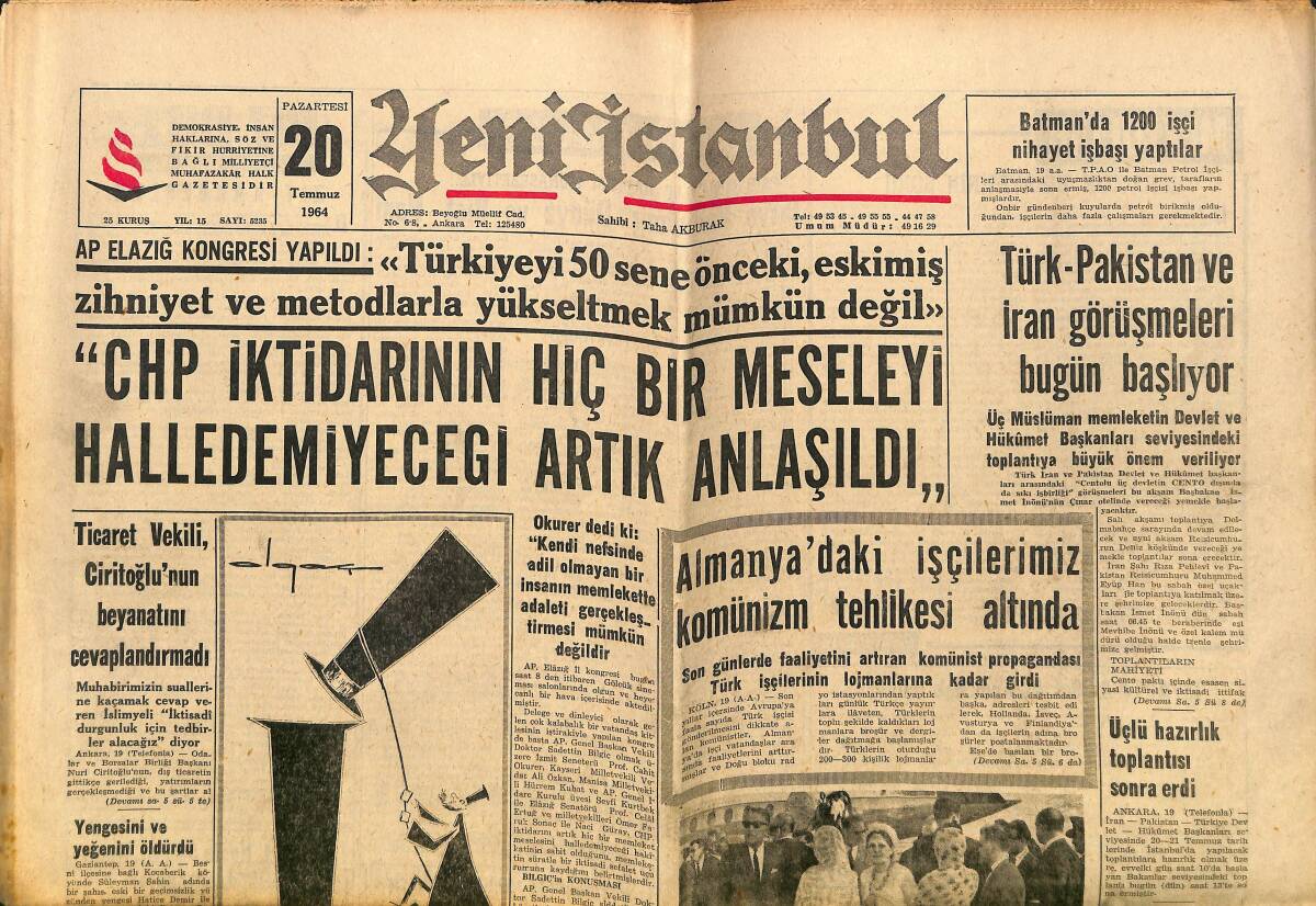 Yeni İstanbul Gazetesi 20 Temmuz 1964 - CHP İktidarının Hiç Bir Meseleyi Halledemeyeceği Artık Anlaşıldı - Ziya Doğan Artık Güreşemem Dedi! GZ140375 - 1