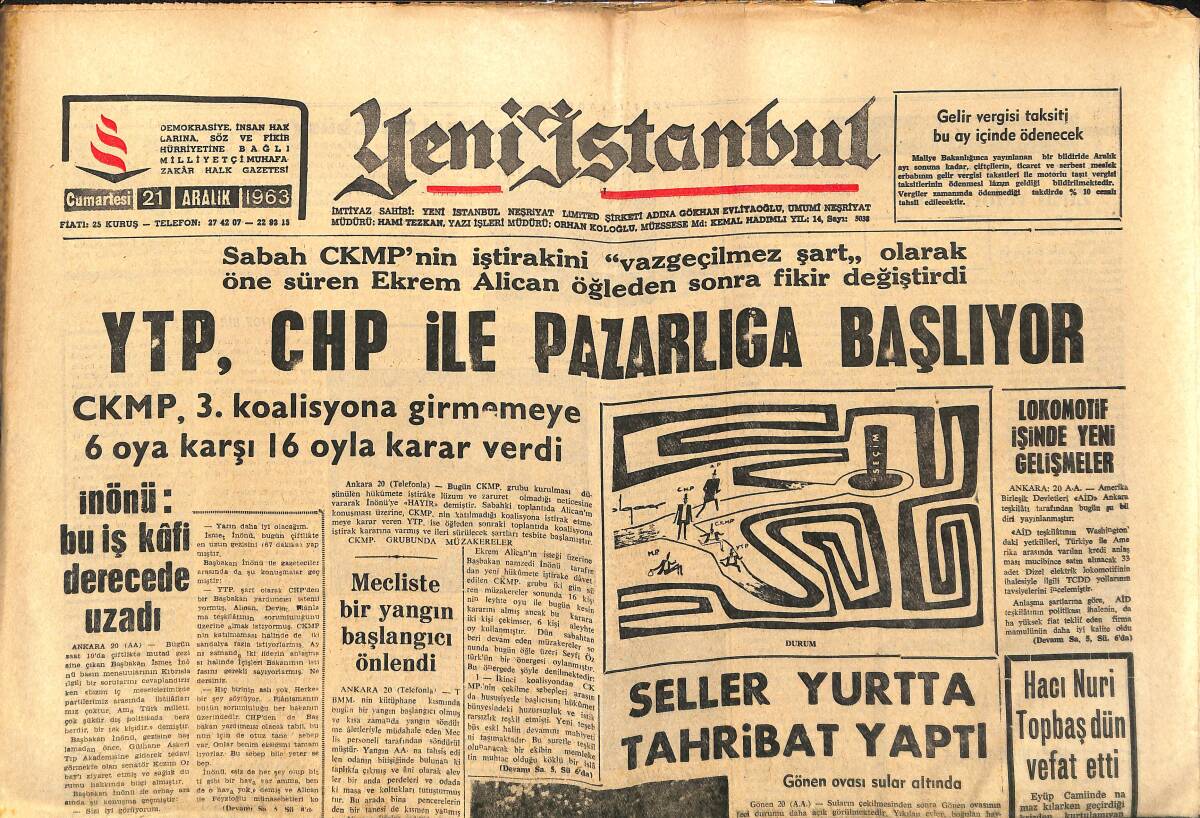 Yeni İstanbul Gazetesi 21 Aralık 1963 - YTP, CHP İle Pazarlığa Başlıyor - İnönü: Bu İş Kafi Derecede Uzadı! - Ruslar Oyunlarını Gizlemeye Çalışıyor! GZ140501 - 1