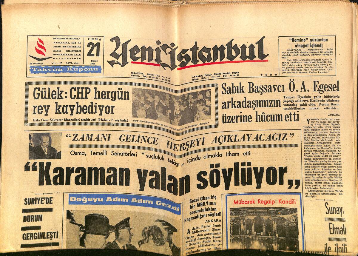 Yeni İstanbul Gazetesi 21 Ekim 1966 - Sunay, Elmalı İle İlgili Kararnameyi Sivas'ta İmzaladı - Şam-Mekke Demiryolu Yapılıyor GZ140293 - 1