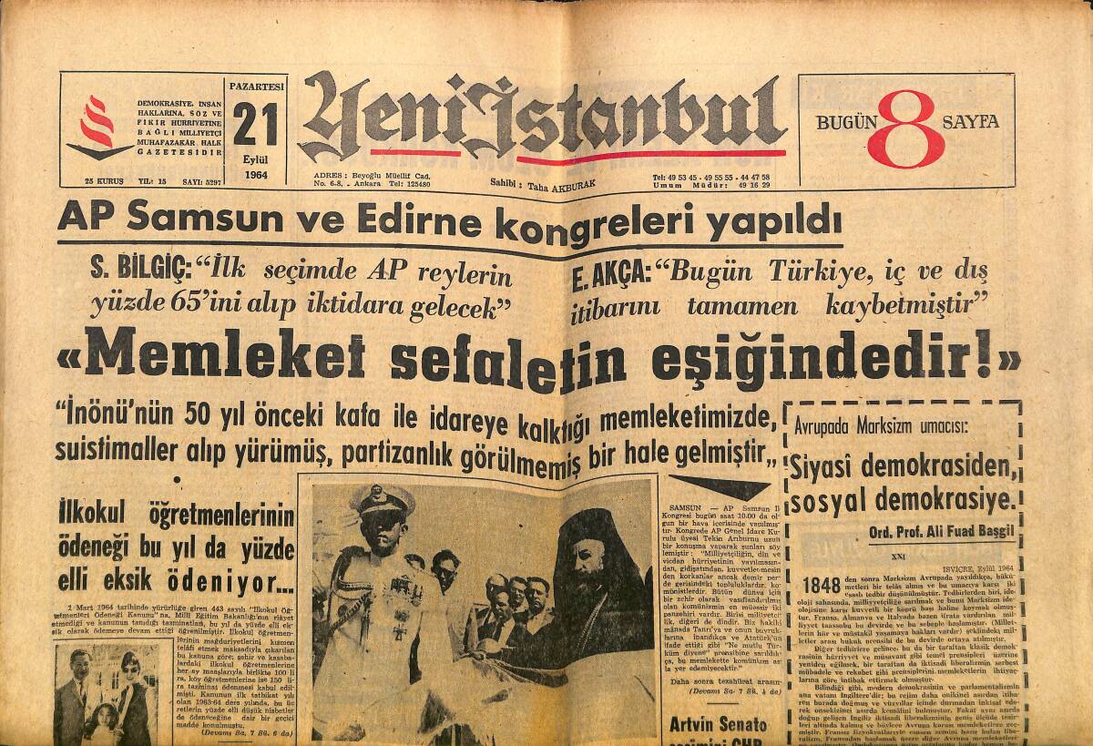 Yeni İstanbul Gazetesi 21 Eylül 1964 - Memleket Sefaletin Eşiğindedir - Beşiktaş Dün Ş. Spor'u İkinci Yarıda Yendi:3-1 GZ140367 - 1