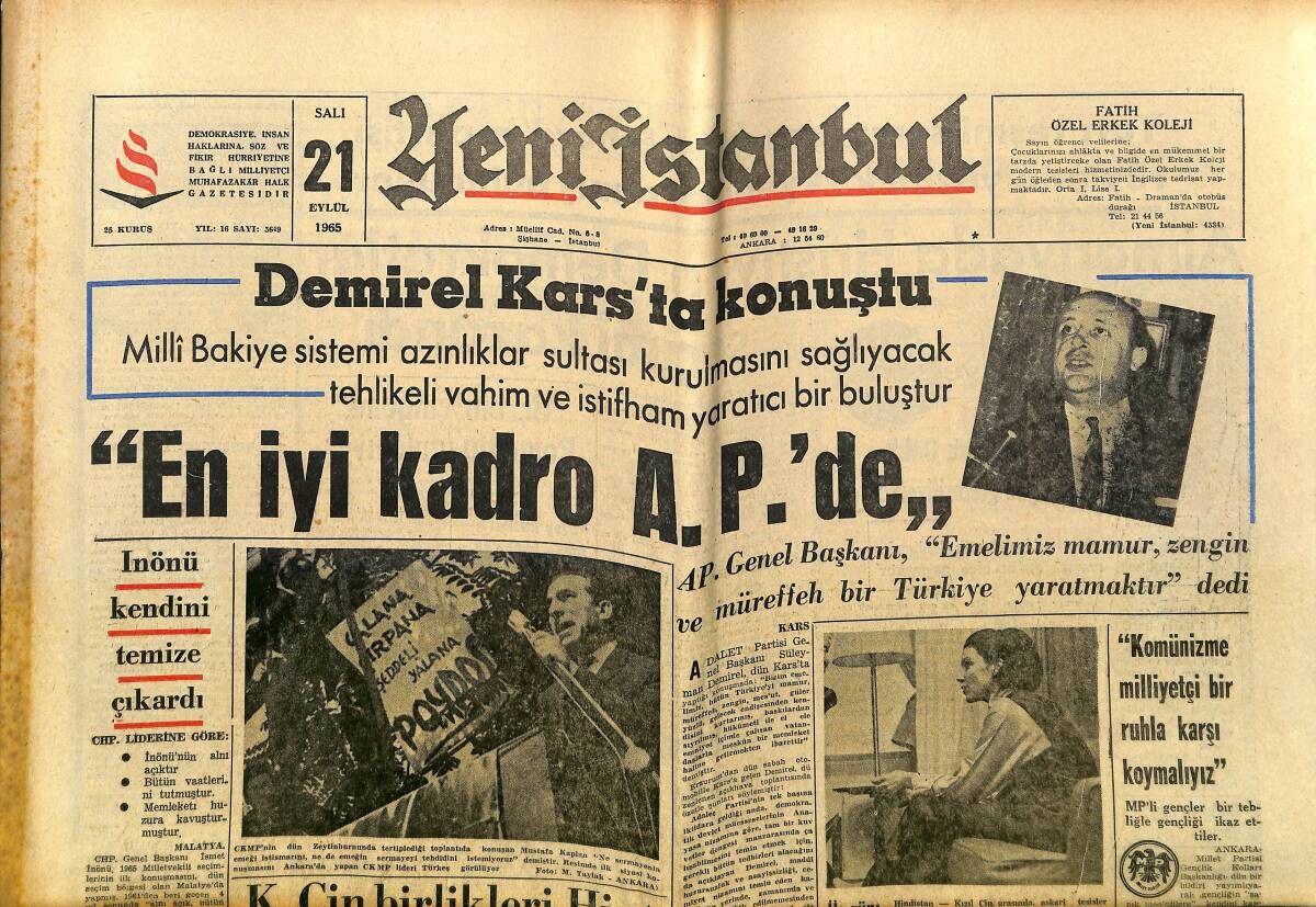 Yeni İstanbul Gazetesi 21 Eylül 1965 - İnönü Kendini Temize Çıkardı - Demirel Kars'ta Konuştu GZ152682 - 1