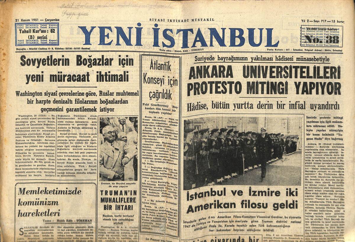 Yeni İstanbul Gazetesi 21 Kasım 1951 - İstanbul Ve İzmir'e İki Amerikan Filosu Geldi - Truman'ın Muhaliflere Bir İhtarı GZ147640 - 1