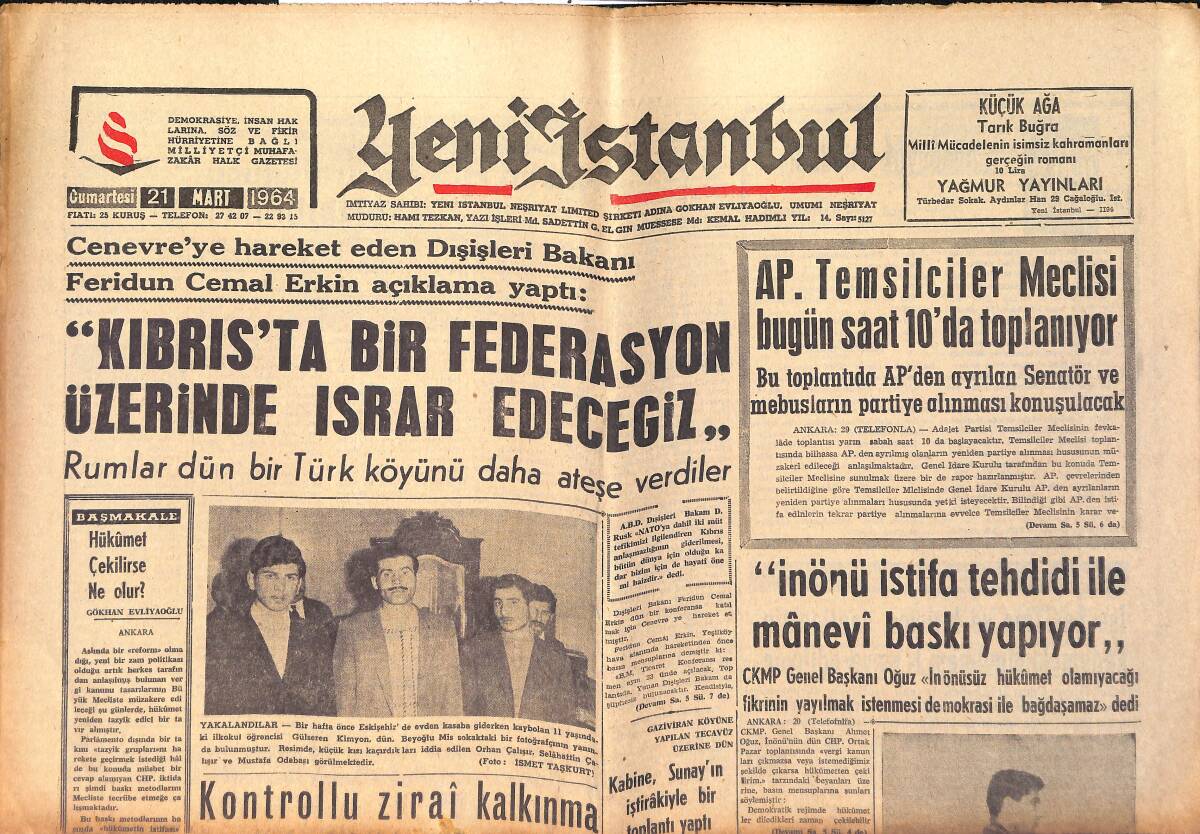 Yeni İstanbul Gazetesi 21 Mart 1964 - AP. Temsilciler Meclisi Bugün Saat 10'da Toplanıyor GZ158754 - 1
