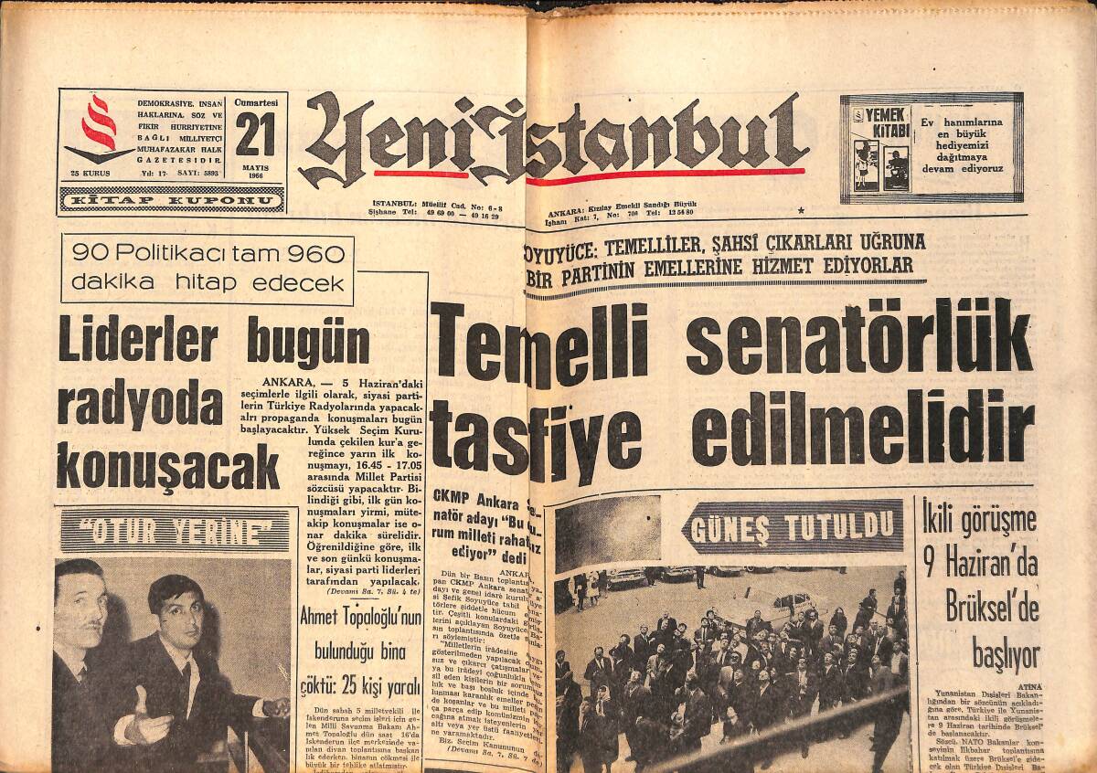 Yeni İstanbul Gazetesi 21 Mayıs 1966 - Ekrem Alican , Sunay İle Mutabıkız Dedi - Liderler Bugün Radyoda Konuşacak GZ158874 - 1