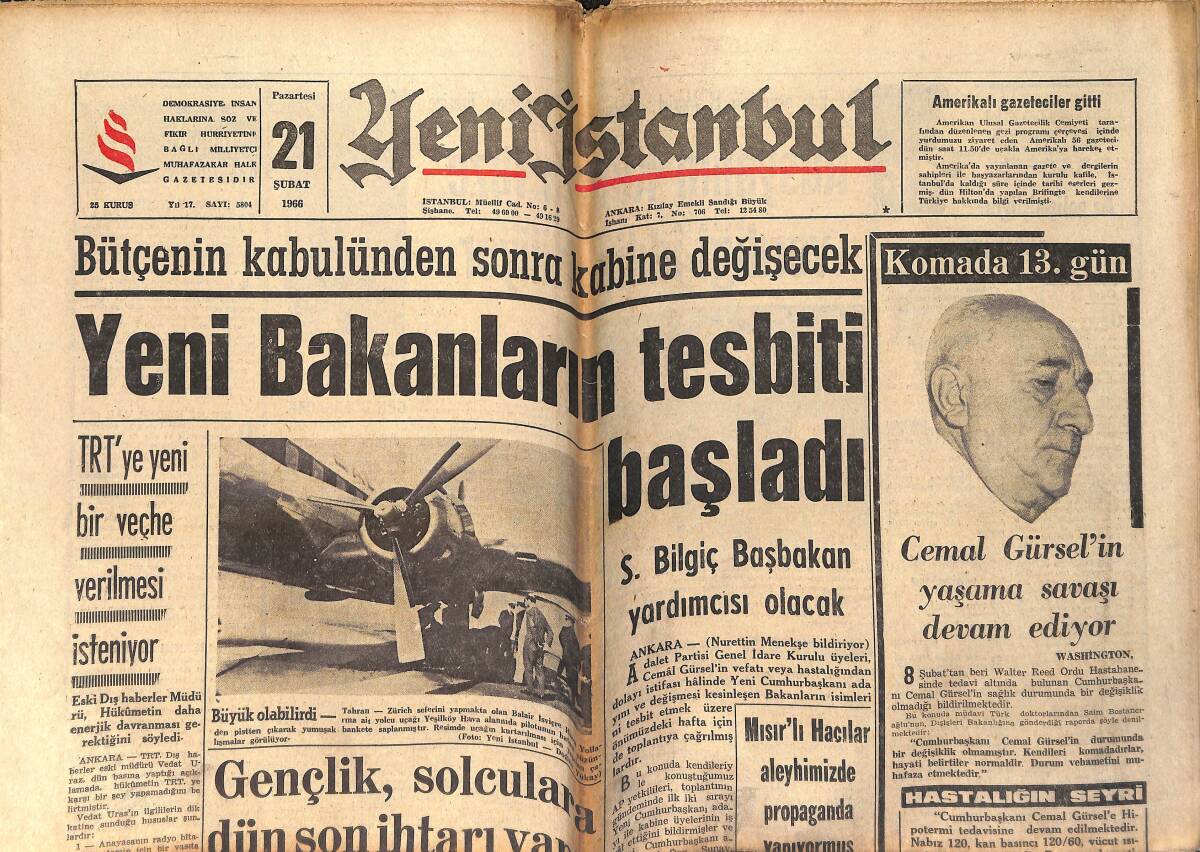 Yeni İstanbul Gazetesi 21 Şubat 1966 - Cemal Gürsel'in Yaşama Savaşı Devam Ediyor - Milli Futbolcu Lefter Bıçaklandı GZ153366 - 1