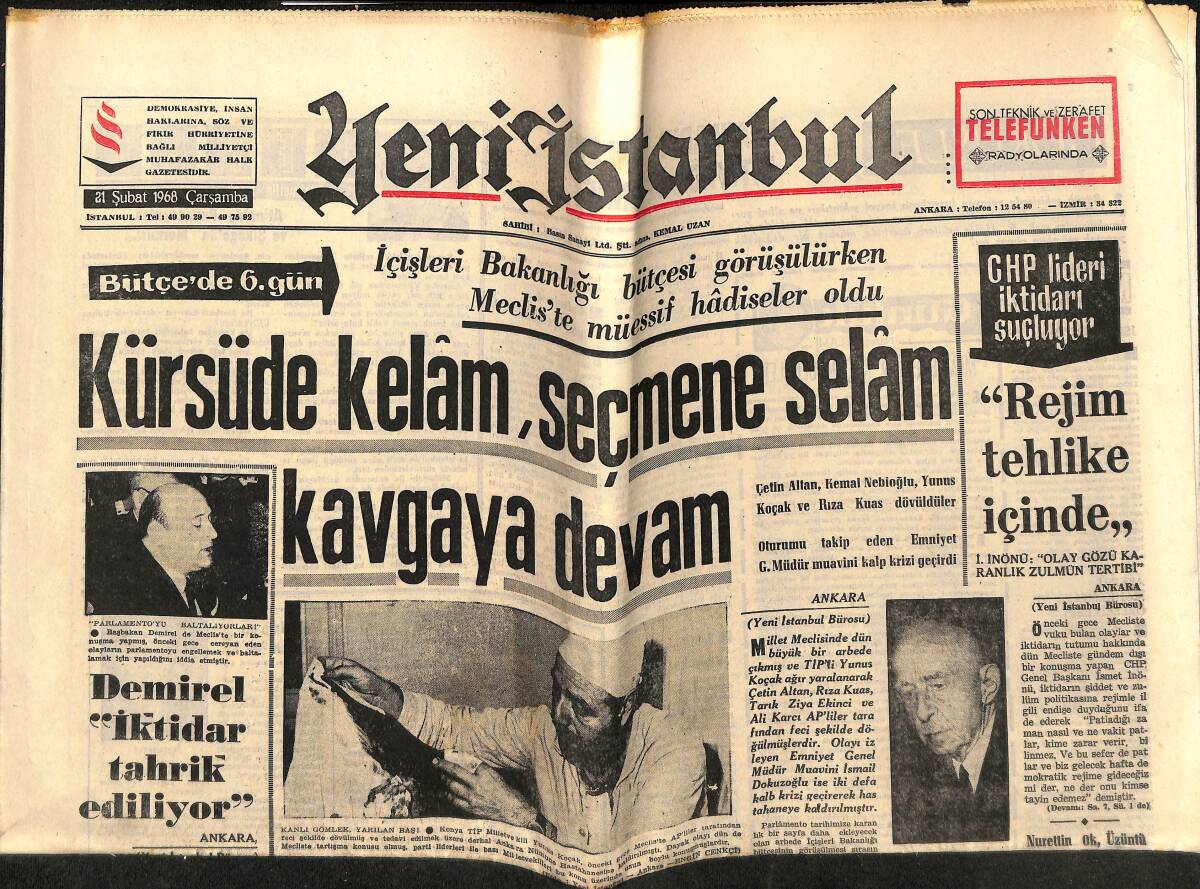 Yeni İstanbul Gazetesi 21 Şubat 1968 - Aybar : Meclisten Atılmayacağız - Sovyet Rusya Kuzey Vietnam'a Atom Bombası Verecek GZ148747 - 1
