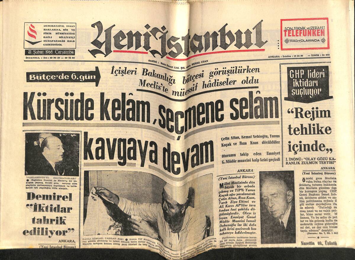 Yeni İstanbul Gazetesi 21 Şubat 1968 - Şampiyonluk Kupaları Genel Müdürlükte Kayıp Oluyor - Çağlayangil : Batı Trakya Türklerine Baskı Yapılıyor GZ148746 - 1