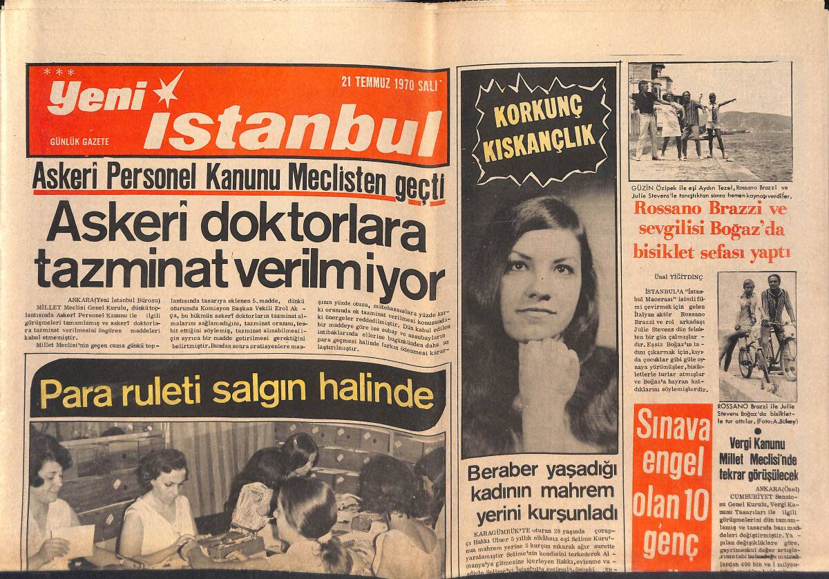 Yeni İstanbul Gazetesi 21 Temmuz 1970 - Rossano Brazzi Ve Sevgilisi Boğaz'da Bisiklet Sefası Yaptı - Askeri Doktorlara Tazminat Verilmiyor GZ132884 - 1