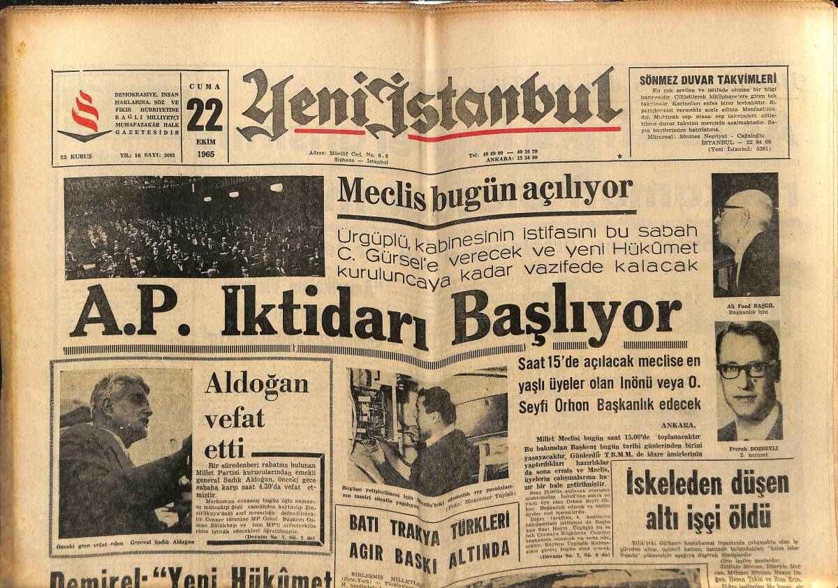 Yeni İstanbul Gazetesi 22 Ekim 1965 - AP İktidarı Başlıyor - Nazım Hikmet'i Öven Bir Vatan Hainidir GZ152641 - 1