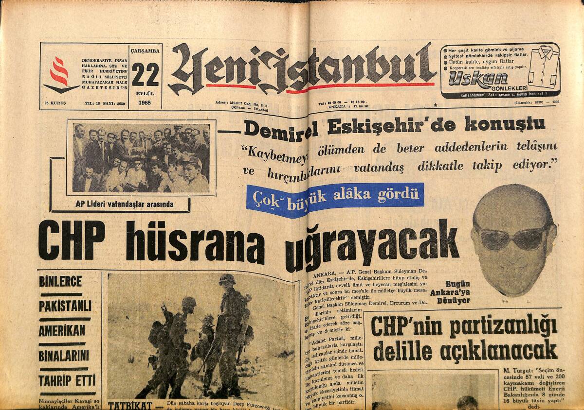 Yeni İstanbul Gazetesi 22 Eylül 1965 - CHP Hüsrana Uğrayacak - YTP'ye Göre En Büyük Dert Partizanlıkmış GZ152736 - 1