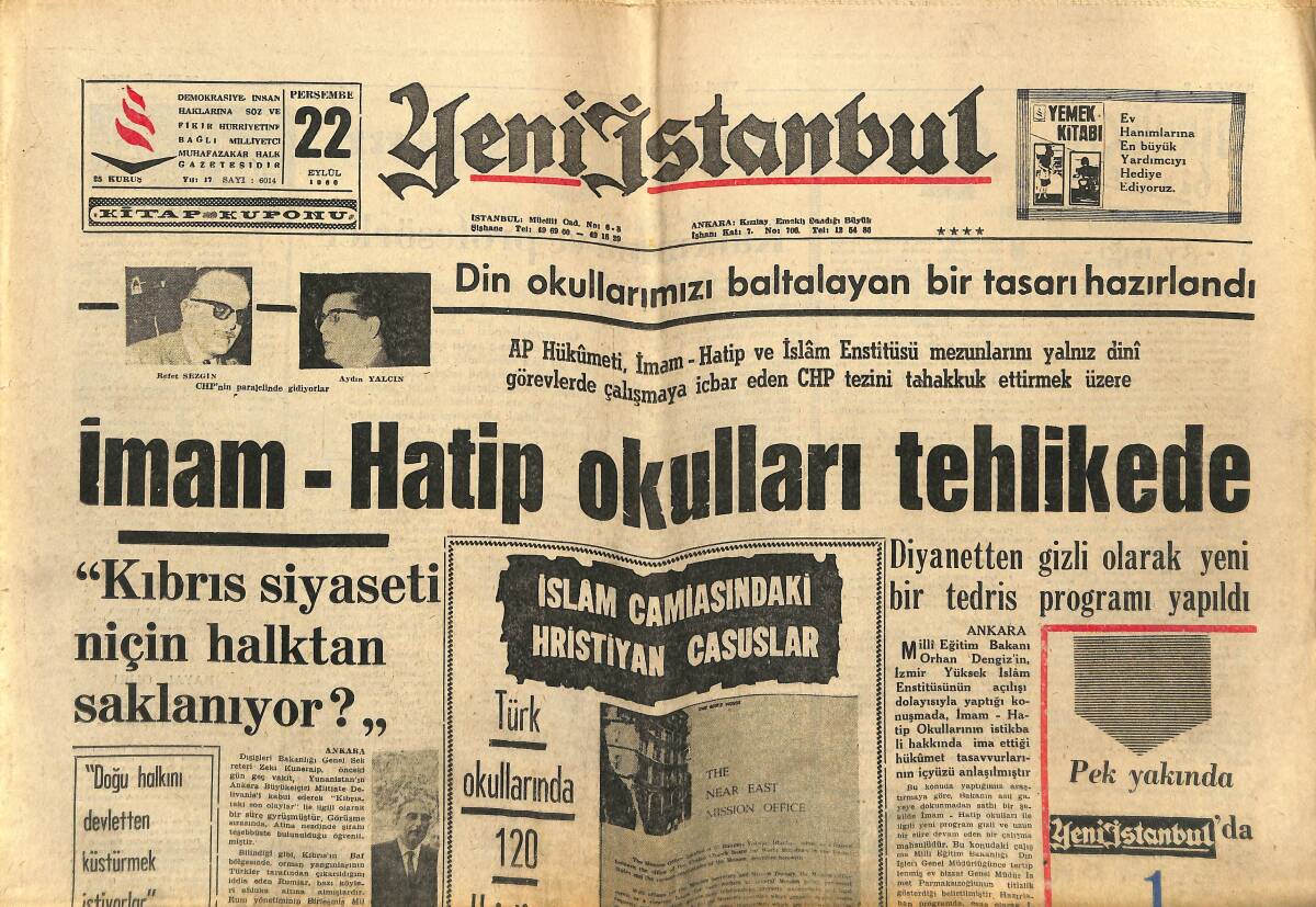 Yeni İstanbul Gazetesi 22 Eylül 1966 - İmam Hatip Okulları Tehlikede - Galatasaray Beşiktaş'ı Dize Getirdi GZ151157 - 1