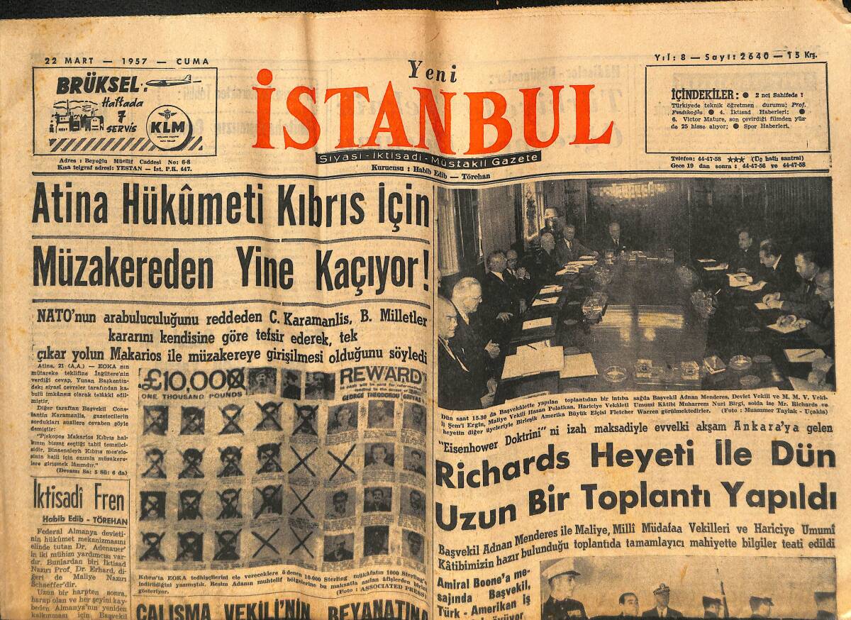 Yeni İstanbul Gazetesi 22 Mart 1957 - Richards Heyeti İle Dün Toplantı Yapıldı - Batı Almanya Başvekili 2 Nisanda Geliyor GZ133240 - 1