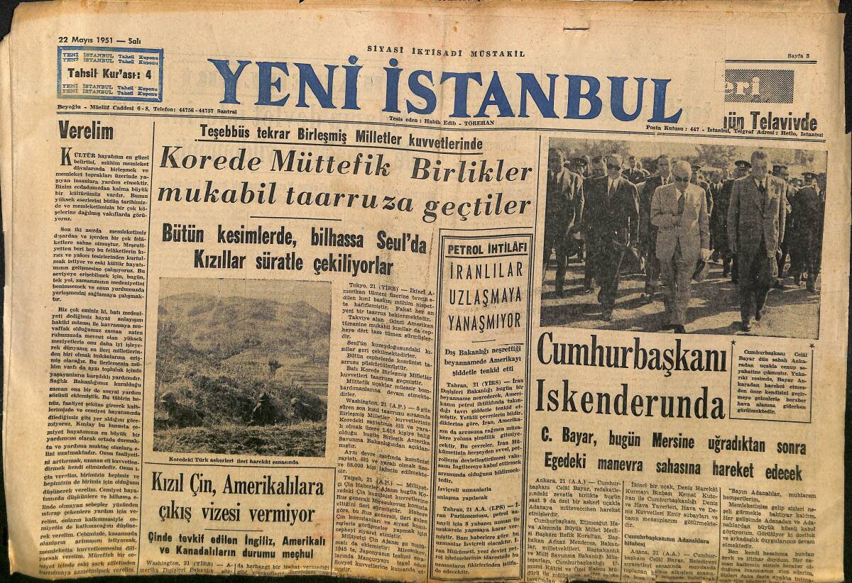 Yeni İstanbul Gazetesi 22 Mayıs 1951 - İran Büyükelçisinin Beyanatı, Petrol İşi Ne Olacak - Cumhurbaşkanı İskenderun'da GZ152059 - 1