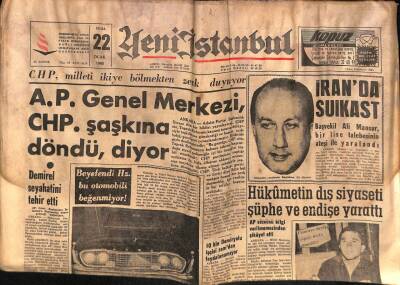 Yeni İstanbul Gazetesi 22 Ocak 1965 -İranda Suikast -Ali Mansur GZ57200 - 1