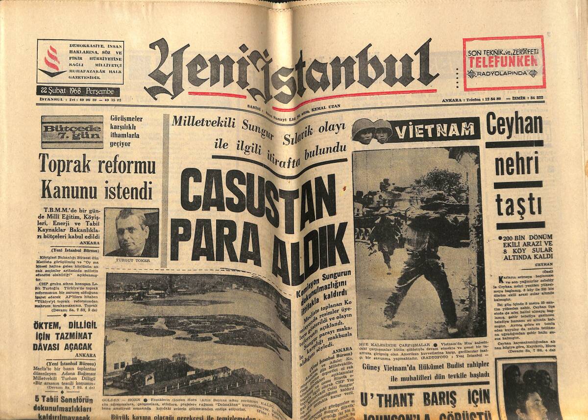 Yeni İstanbul Gazetesi 22 Şubat 1968 - Ceyhan Nehri Taştı - Haliç'i Artık Kimse Kurtaramaz GZ148755 - 1