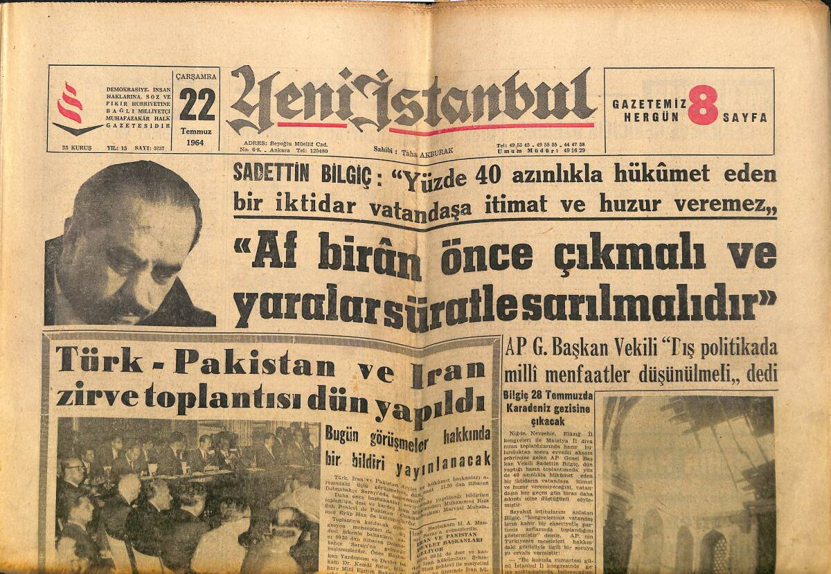 Yeni İstanbul Gazetesi 22 Temmuz 1964 - Rumlar Bir Türk Köyünü Daha Ateşe Tuttular - Orhan Koraltan: Türkiye'de Rejim Meselesi Vardır. GZ140376 - 1