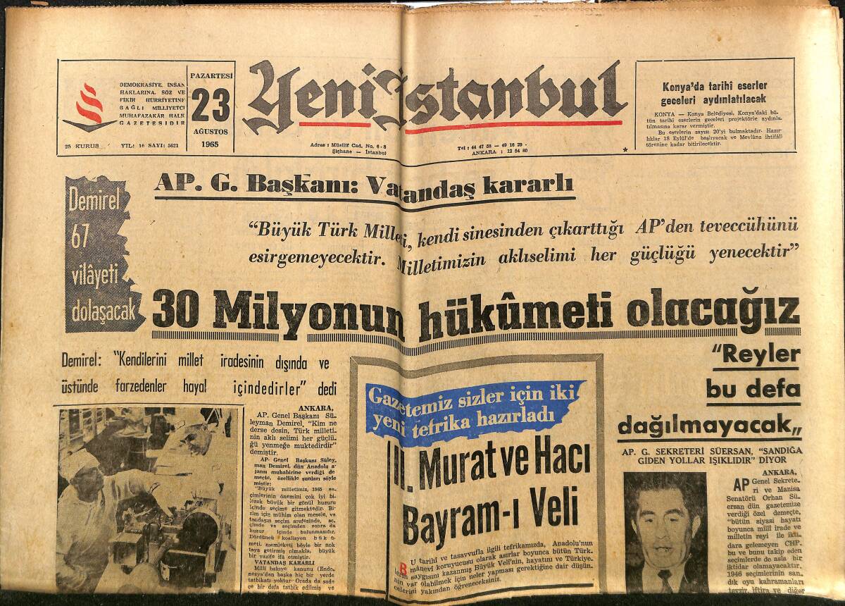 Yeni İstanbul Gazetesi 23 Ağustos 1965 - Kuzey Vietnam'a Akınlar Devam Ediyor - Demirel'in Seçim Gezisi Ege'den Başlıyor GZ152699 - 1