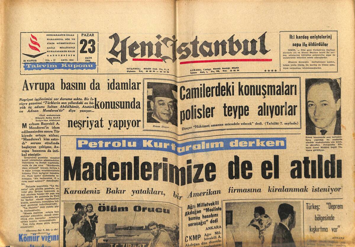 Yeni İstanbul Gazetesi 23 Ekim 1966 - Madenlerimize De El Atıldı - Muhterem Nur Hapse Mahkum Oldu GZ151174 - 1