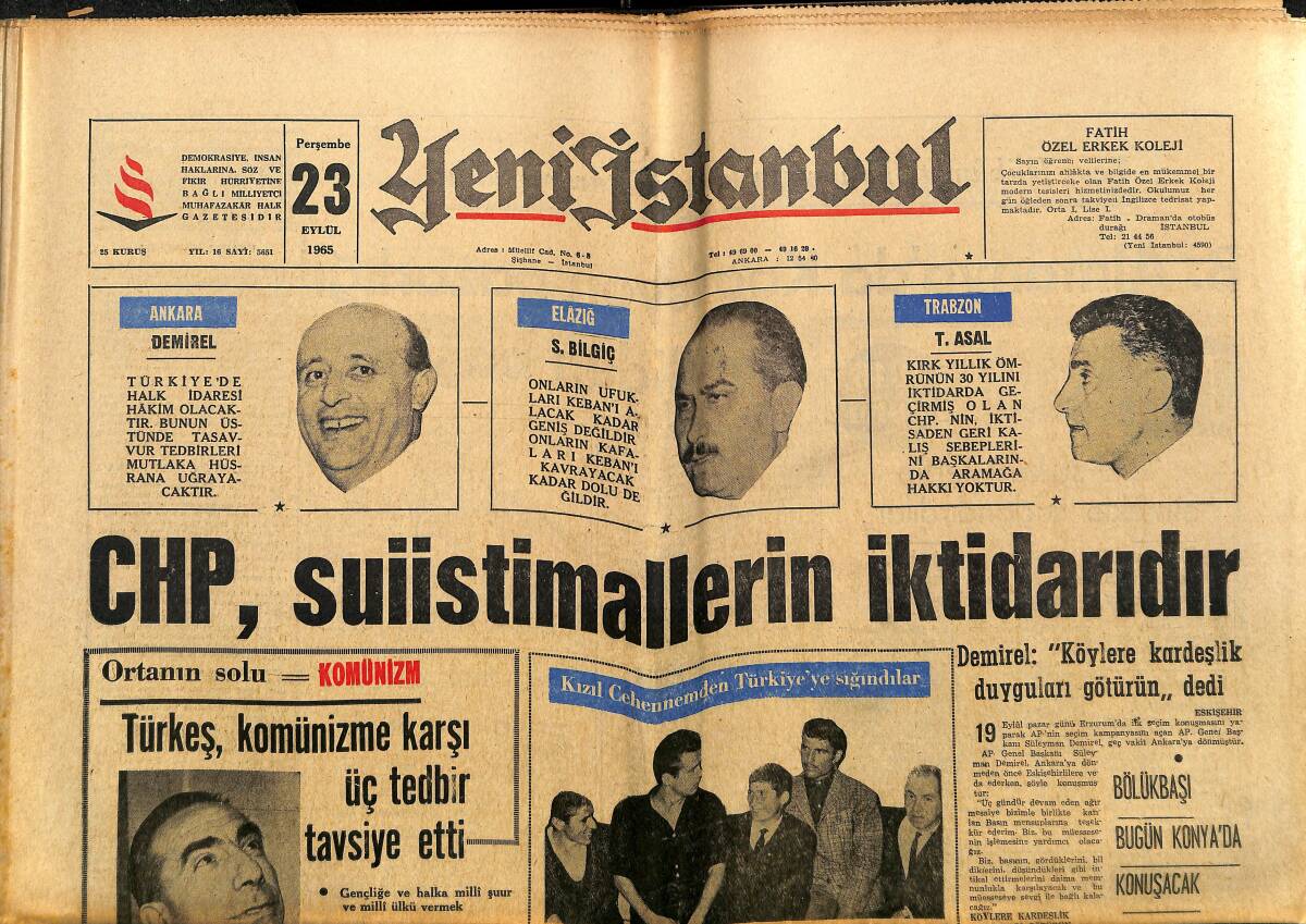 Yeni İstanbul Gazetesi 23 Eylül 1965 - Türkeş, Komünizme Karşı Üç Tedbir Tavsiye Etti - Adana Milletvekili Adayları GZ152683 - 1
