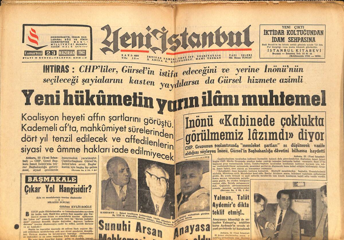 Yeni İstanbul Gazetesi 23 Haziran 1962 - Monako Prensesi Grace Hollywood'a Dönmeyecek - Yeni Hükümetin Yarın İlanı Muhtemel GZ151132 - 1
