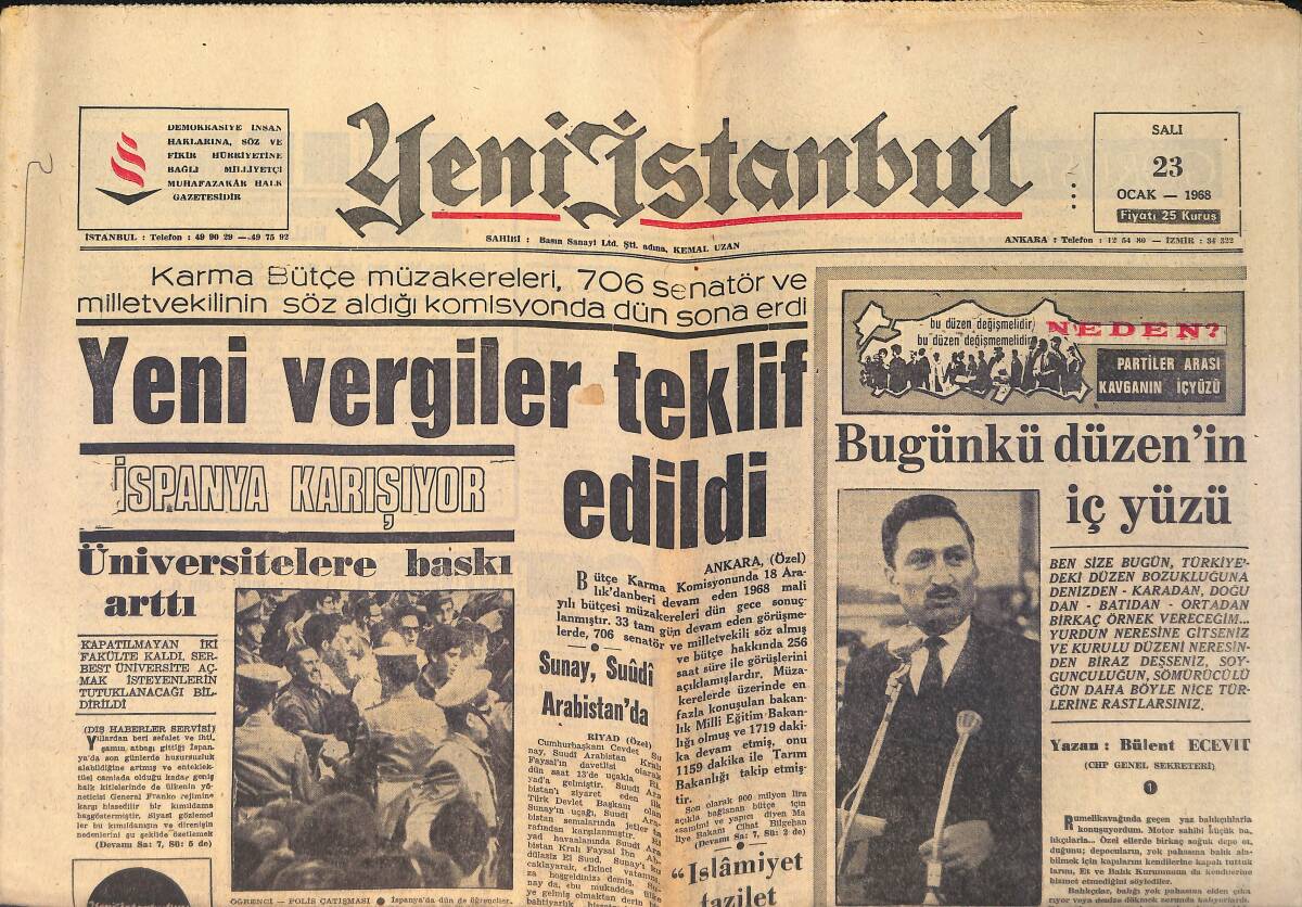 Yeni İstanbul Gazetesi 23 Ocak 1968 - Türkiye'nin 530 Baraja İhtiyacı Var - Boraks Madenleri Konusu Meclis'te GZ158740 - 1