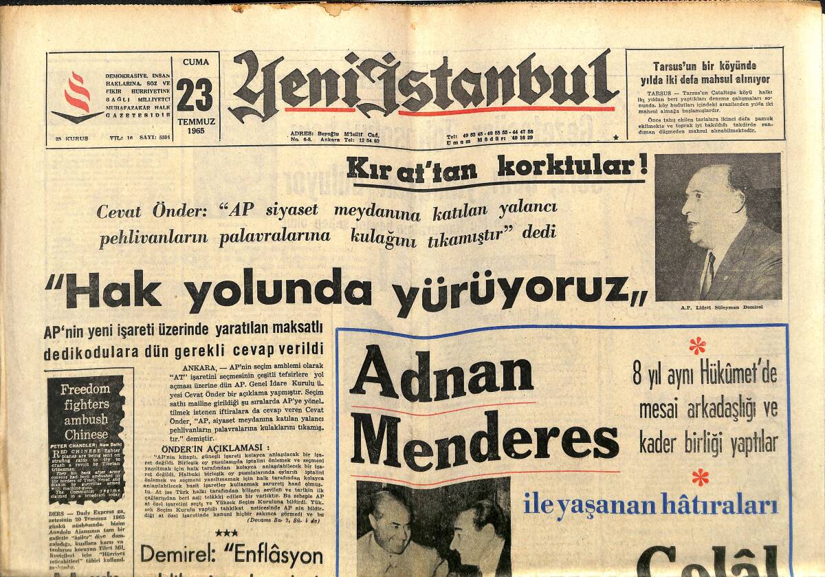 Yeni İstanbul Gazetesi 23 Temmuz 1965 - Adnan Menderes Hatıraları - Yunan Ordusu Alarma Geçti! GZ140385 - 1
