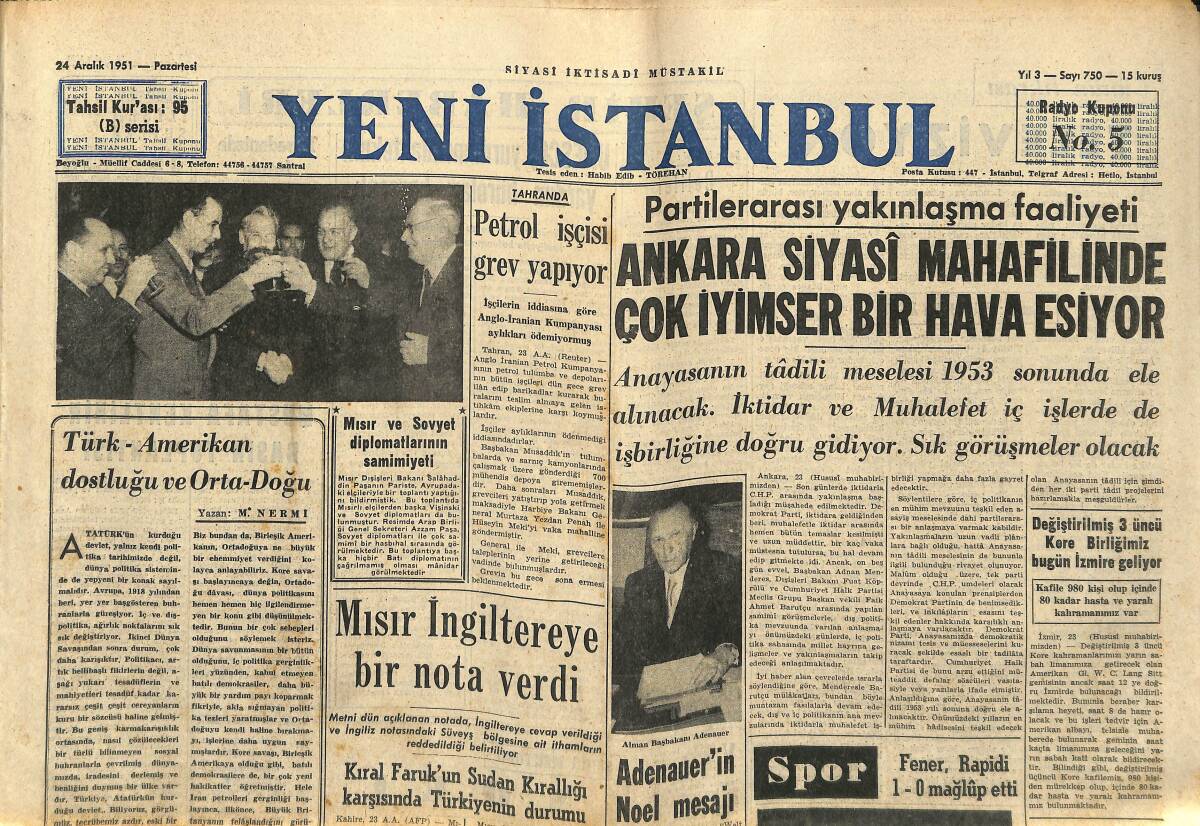 Yeni İstanbul Gazetesi 24 Aralık 1951 - Mısır İngiltereye Bir Nota Verdi - Genelkurmay Başkanının Verdiği Mühim Beyanat GZ147309 - 1