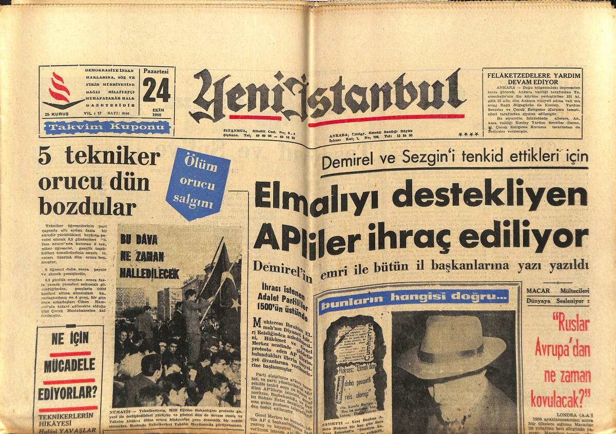 Yeni İstanbul Gazetesi 24 Ekim 1966 - Elmalı'yı Destekleyen AP'liler İhraç Ediliyor - Kızıl Muhafızlar GZ151177 - 1