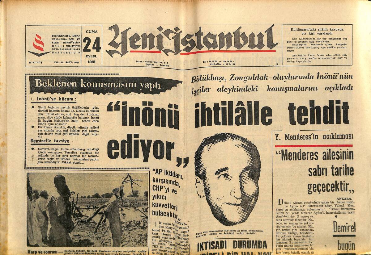 Yeni İstanbul Gazetesi 24 Eylül 1965 - Menderes Ailesinin Sabrı Tarihe Geçecektir - Ankara Milletvekili Adayları GZ152684 - 1