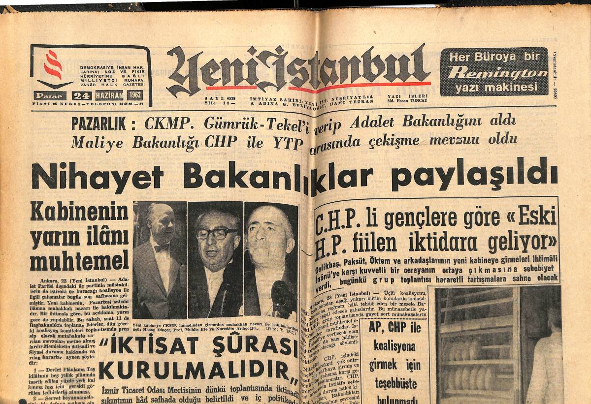 Yeni İstanbul Gazetesi 24 Haziran 1962 - İmam Hatip Okullarının Orta Kısmı Kaldırılıyor - Ruslar B. Milletlerde 100. Vetoyu Kullandı GZ143342 - 1