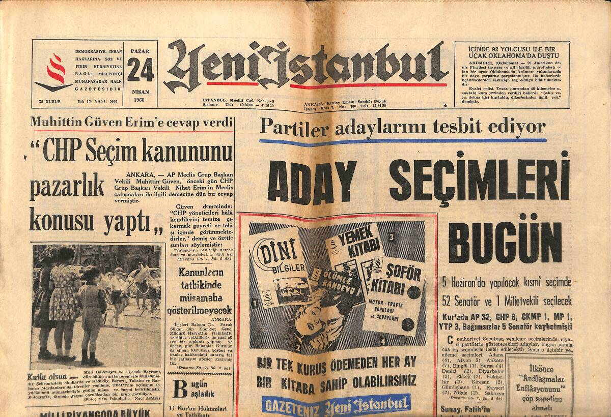 Yeni İstanbul Gazetesi 24 Nisan 1966 - Beşiktaşlılar Şampiyonluk Turuna Hazır - Sunay, Fatih'in Heykelini Diktirecek Heyeti Kabul Etti GZ150800 - 1