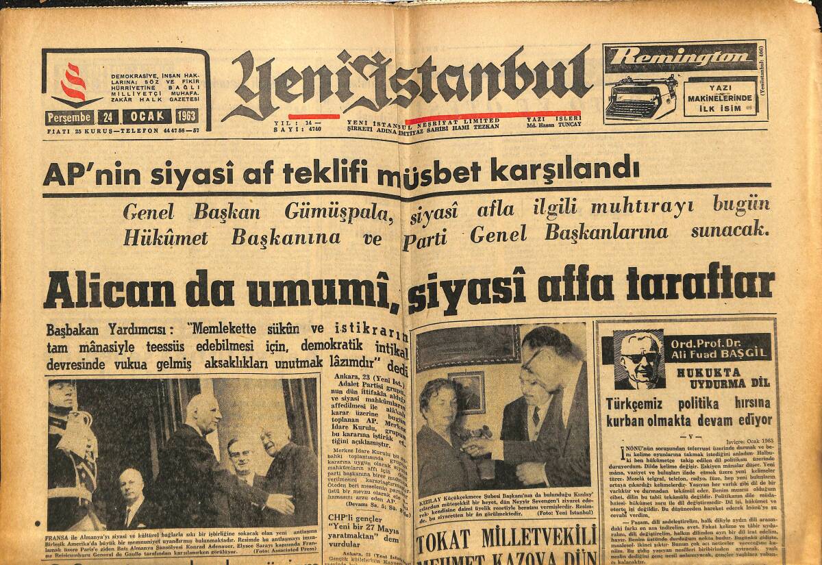 Yeni İstanbul Gazetesi 24 Ocak 1963 - Cahit Önel Yılın Sporcusu Ödülünü Aldı - Merhum Ahmet Hamdi Tanpınar Bugün Törenle Anılacak GZ152848 - 1