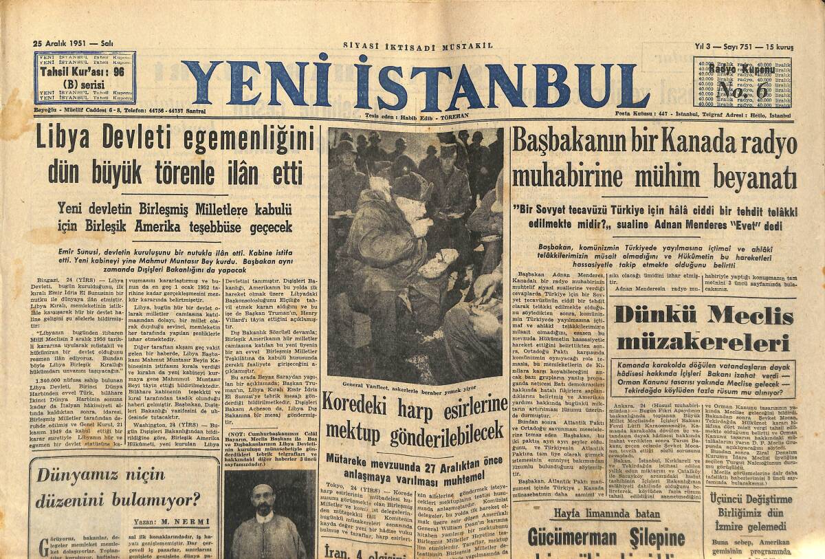 Yeni İstanbul Gazetesi 25 Aralık 1951 - Albay Dora , Yeni Bir Vazifeye Getirildi - Koredeki Harp Esirlerine Mektup Gönderilebilecek GZ147308 - 1