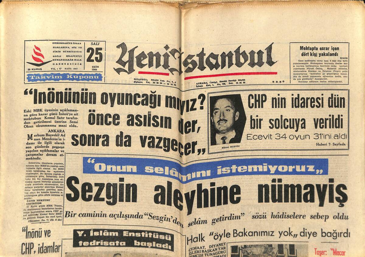Yeni İstanbul Gazetesi 25 Ekim 1966 - İslam Enstitüsünde Henüz Bir Cami Yok - Rus Elçiliği Kapısına Siyah Çelenk Kondu GZ151176 - 1