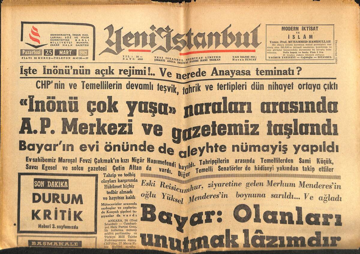 Yeni İstanbul Gazetesi 25 Mart 1963 - A.P. Hükümet'in İddialarını Reddetti GZ147667 - 1