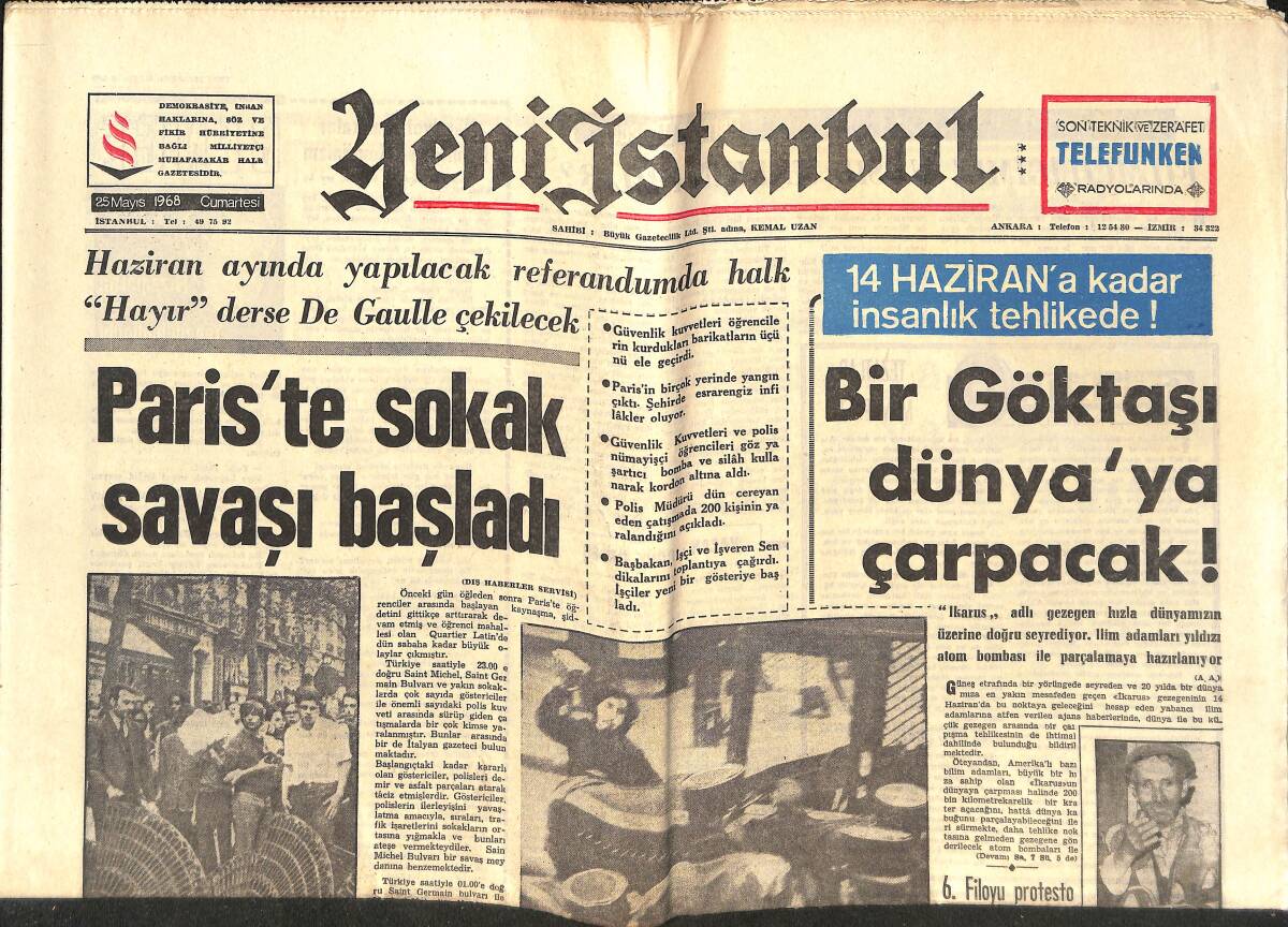 Yeni İstanbul Gazetesi 25 Mayıs 1968 - Fenerbahçe Şampiyon! - Paris'te Sokak Savaşı Başladı GZ151130 - 1