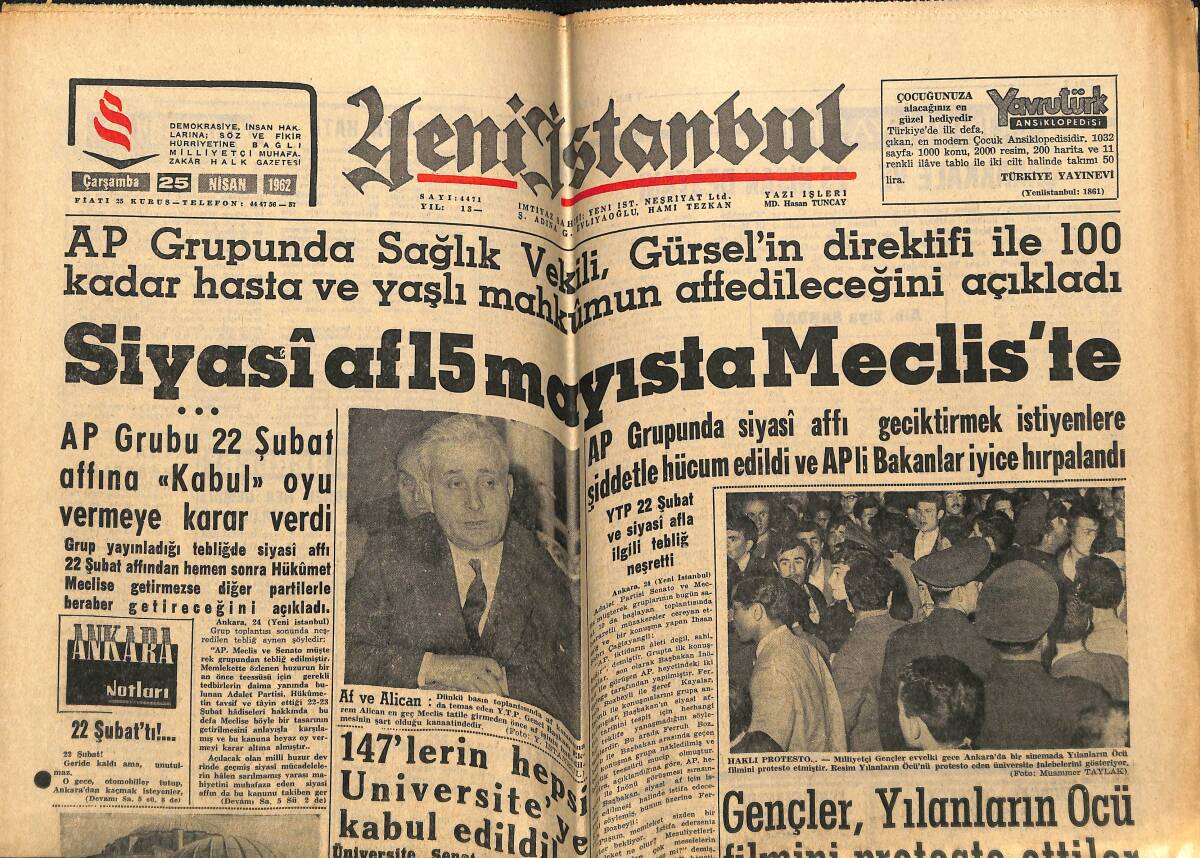 Yeni İstanbul Gazetesi 25 Nisan 1962 - Cevdet Sunay Londra'ya Gitti - Siyasi Af 15 Mayıs'ta Meclis'te GZ148742 - 1