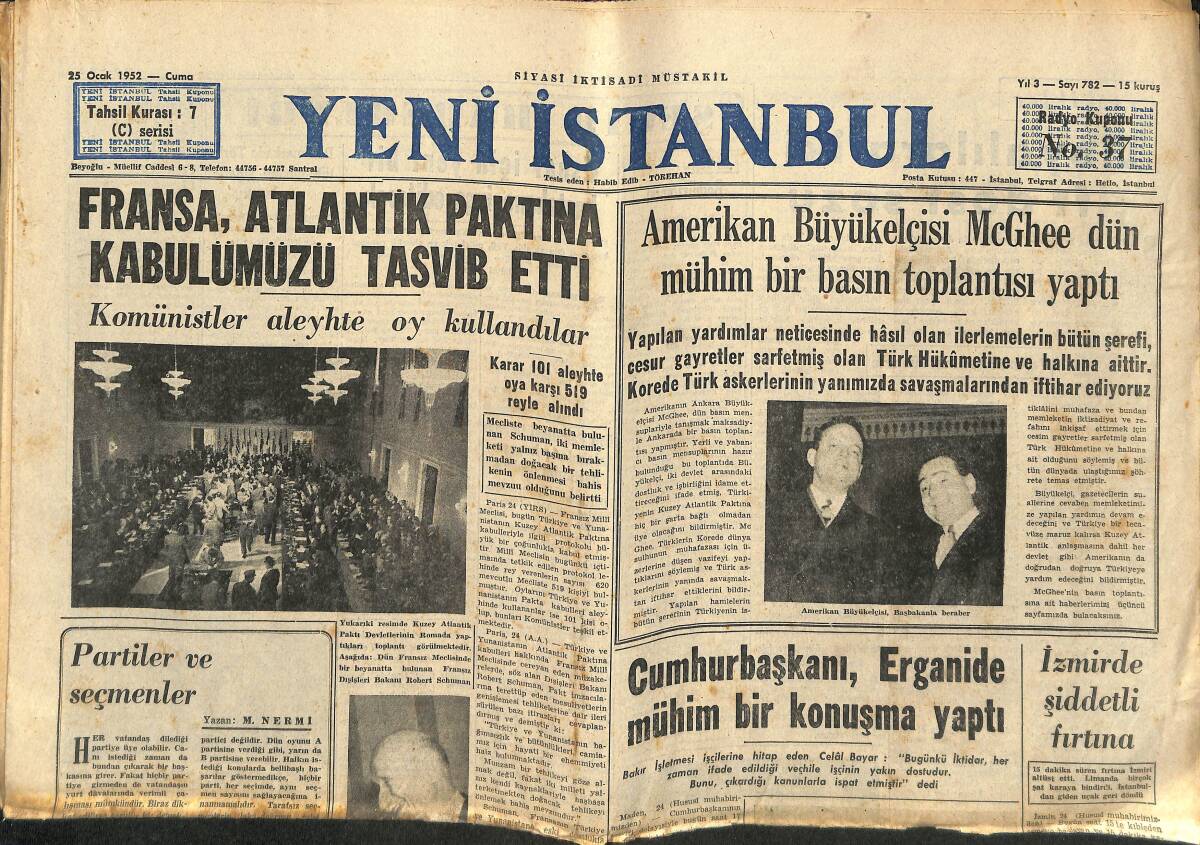 Yeni İstanbul Gazetesi 25 Ocak 1952 - Cumhurbaşkanı , Erganide Mühim Bir Konuşma Yaptı - Tunus'ta Çarpışmalar Şiddetle Devam Ediyor GZ147641 - 1