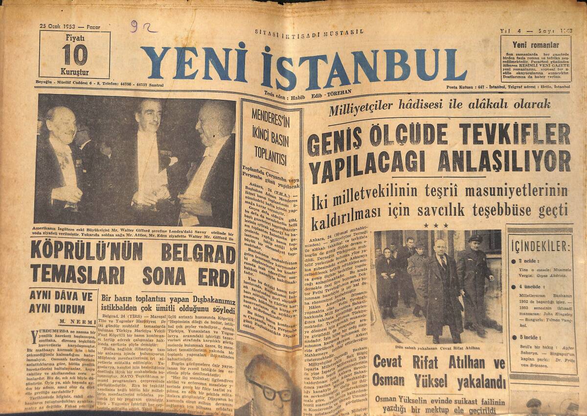 Yeni İstanbul Gazetesi 25 ocak 1953 - Köprülü'nün Belgrad Temasları Sona Erdi - Türk Hava Kurumu Fabrikaları Devredildi - Galatasaray mı Vefa Mı ? GZ132695 - 1