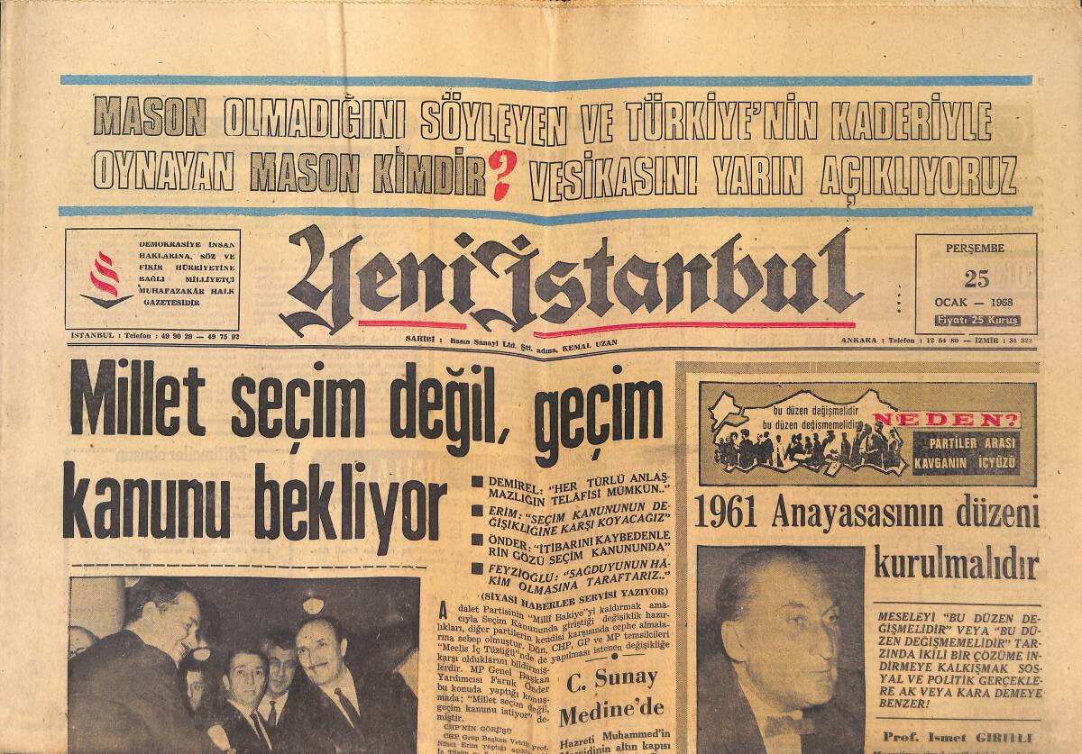 Yeni İstanbul Gazetesi 25 Ocak 1968 - Yunanistan'da Yeni Darbe Bekleniyor - Yönetmelik Öğrenciler Lehine Değiştiriliyor GZ158742 - 1