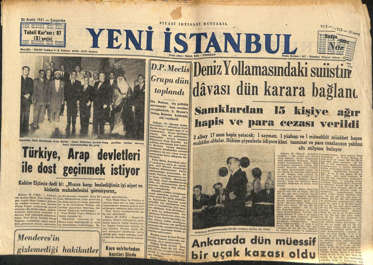 Yeni İstanbul Gazetesi 26 Aralık 1951 - Türkiye , Arap Devletleri İle Dost Geçinmek İstiyor - D.P. Meclis Grupu Dün Toplandı GZ147307 - 1