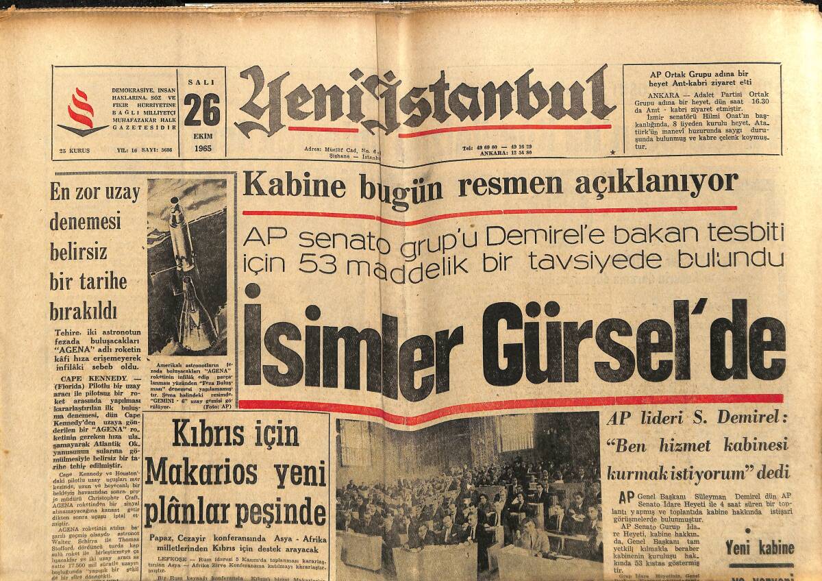 Yeni İstanbul Gazetesi 26 Ekim 1965 - Kıbrıs İçin Makarios Yeni Planlar Peşinde - Bozbeyli, Ürgüpü'yü Ziyaret Etti GZ152644 - 1