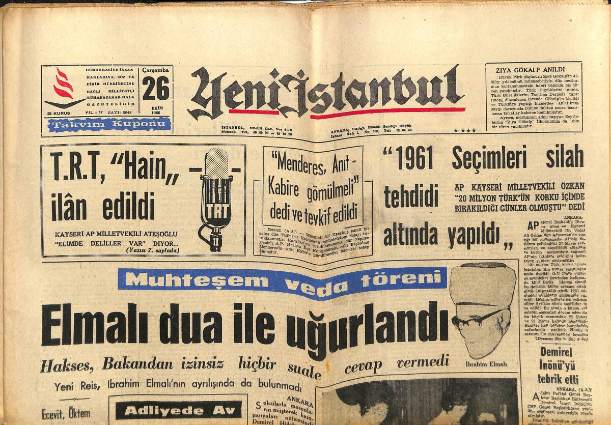 Yeni İstanbul Gazetesi 26 Ekim 1966 - Elmalı Dua İle Uğurlandı - Kayseri'de Tiyatro Açılıyor GZ152655 - 1