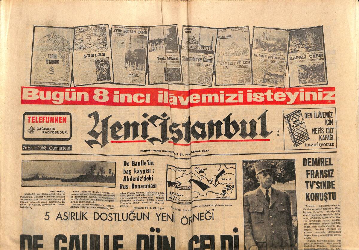 Yeni İstanbul Gazetesi 26 Ekim 1968 - Demirel Fransız TV'sinde Konuştu - De Gaulle Dün Geldi GZ152756 - 1